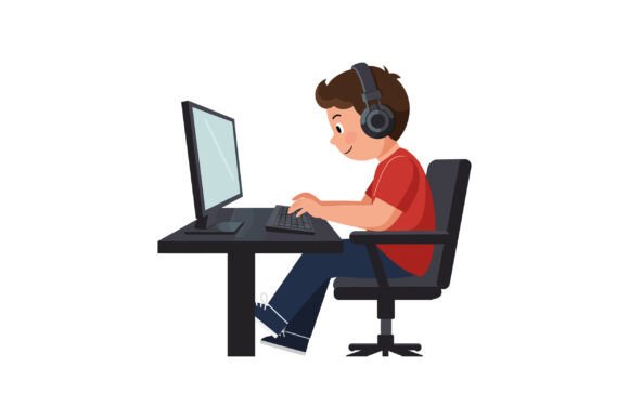 Boy Using Computer at Desk in Flat Style: A Versatile Digital Asset for Creative Projects