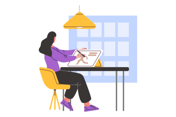 Designer Woman Working. Girl Sitting at and Designer woman working. Girl sitting at workplace. Gaming development. Drawing personage. Creating illustration. Character design. Developers job. Vector cartoon flat style isolated illustration EPS, JPG