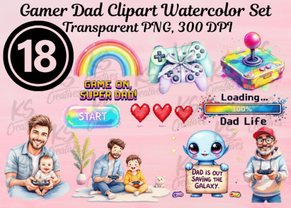 Gamer Dad Clipart Watercolor Set: A Creative Celebration of Fatherhood and Gaming
