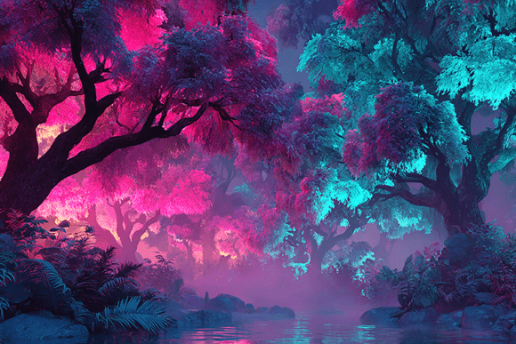 Magical Neon Forest River Background: A Digital Art Must-Have