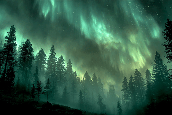 Mystical Northern Lights Forest Background: A Captivating Visual for Diverse Applications