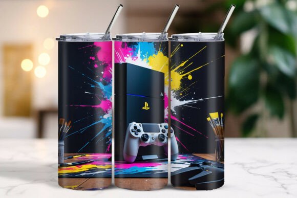 Neon Console Paint Splash Tumbler: A Vibrant Digital Illustration for Gamers and Creators